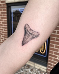 a tattoo of a shark tooth on a person's forearm